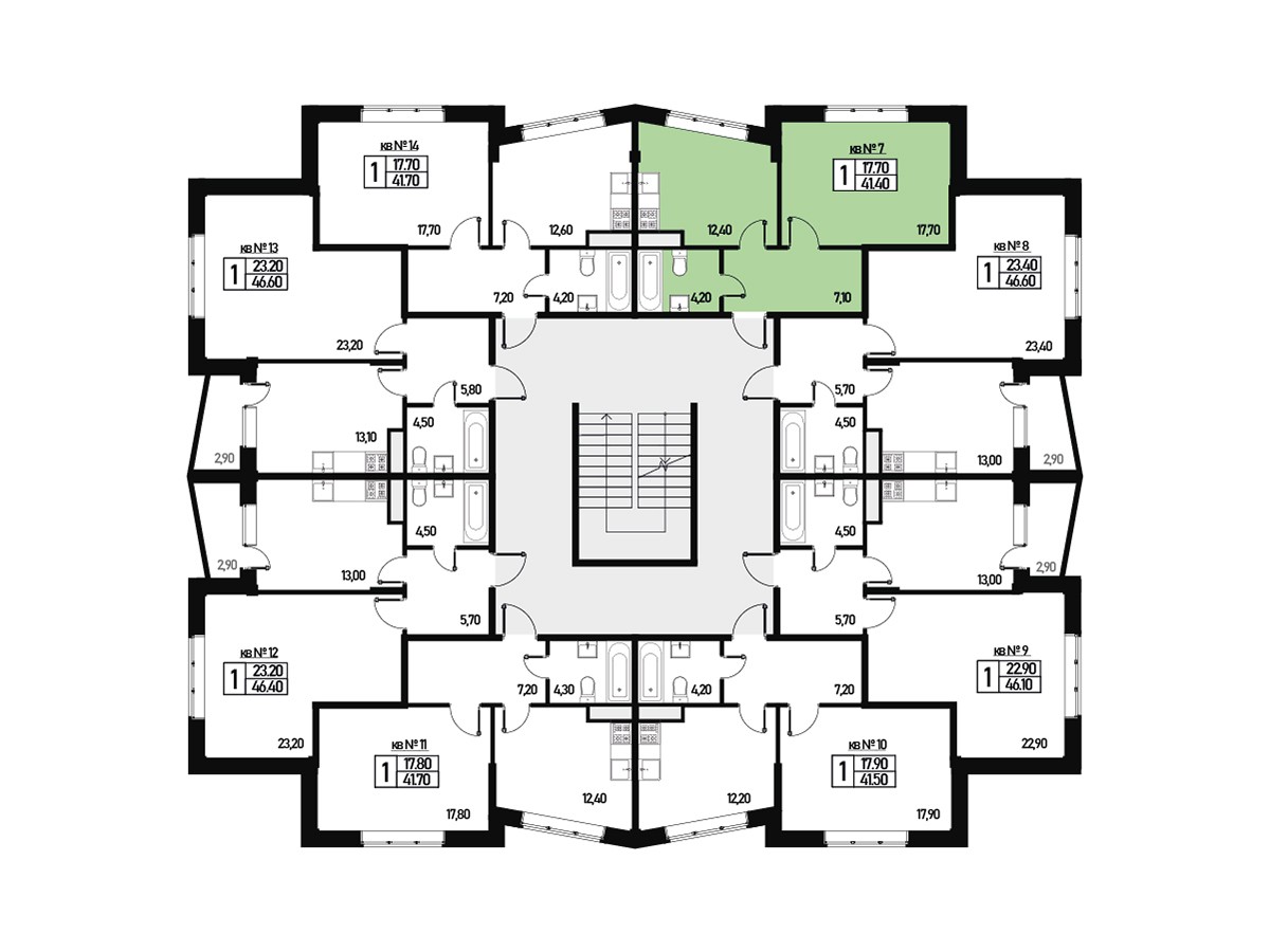 Однокомнатная квартира 41 м² №7 улица Генерала Донскова, дом 25, корпус 6  купить по цене 5878800 от застройщика в ЖК Борисоглебское деревня Зверево